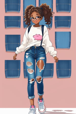 Anime style, illustration,A teenage girl with dark skin and curly hair styled in playful pigtails, simple_background, jeans, ripped jeans, sweater, long_sleeves, glasses ,p3rfect boobs,more detail XL