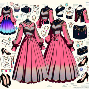 "Design a ball gown for a woman, considering her vibrant personality and the cultural context. Provide a full image, including clothing details, accessories, and short hairstyle. Ensure the outfit is comfortable yet stylish, simple background. Incorporate elements that reflect her individuality and preferences, keeping in mind current fashion trends.",girl, stand straight