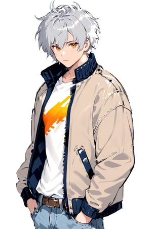solo, 1boy, male focus, brown eyes, Silver hair, buff, white background, light skinned male, light skin, looking at viewer, lips, shirt, jacket, hyur, specular highlights, jeans, pockets, gradient_background, 