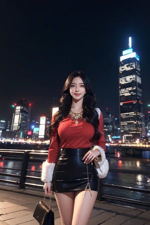 masterpiece, best quality, absurdres, 8K, super fine, best_lighting, (Buzzing cityscape at night with illuminated skyscrapers:1.4), (wonderland:1.2), (cowboy_shot:1.4), (walking toward the viewer:1.2), 28 years old, beautiful korean woman,
BREAK
elegant_prostitute, (seductive smile), (wavy long hair:1.2), huge breasts,
BREAK
(fur-trimmed outfit, red blouse, mini_skirt, Unique Handbag, many fluffy ornaments, opulent fur:1.5), (fluffy cuffs:1.5), asian girl, 1girl, eungirl