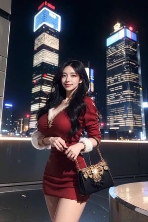 masterpiece, best quality, absurdres, 8K, super fine, best_lighting, (Buzzing cityscape at night with illuminated skyscrapers:1.4), (wonderland:1.2), (cowboy_shot:1.4), (stlyish pose:1.2), 28 years old, beautiful korean woman,
BREAK
elegant_prostitute, (seductive smile), (wavy long hair:1.2), huge breasts,
BREAK
(fur-trimmed outfit, red blouse, mini_skirt, Unique Handbag, many fluffy ornaments, opulent fur:1.5), (fluffy cuffs:1.5), asian girl, 1girl, eungirl