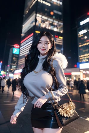 masterpiece, best quality, absurdres, 8K, super fine, best_lighting, (Buzzing cityscape at night with illuminated skyscrapers:1.4), (wonderland:1.2), (cowboy_shot:1.4), (walking toward the viewer:1.2), 28 years old, beautiful korean woman,
BREAK
elegant_prostitute, (seductive smile), (wavy long hair:1.2), huge breasts,
BREAK
(sweatshirt, mini_skirt:1.3), (Unique Handbag, many fluffy ornaments, opulent fur:1.5), (fluffy cuffs:1.5), asian girl, 1girl, eungirl