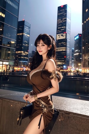 masterpiece, best quality, absurdres, 8K, super fine, best_lighting, (Buzzing cityscape at night with illuminated skyscrapers:1.4), (wonderland:1.2), fantasy_world, princess, (cowboy_shot:1.7), (stlyish pose:1.2), 28 years old, beautiful korean woman,
BREAK
elegant_prostitute, (seductive smile), (wavy long hair, blunt bangs:1.2), huge breasts,
BREAK
(fur-trimmed brown dress, Unique Handbag, brown-fur, opulent fur:1.5), (fluffy cuffs:1.5), asian girl, 1girl, eungirl