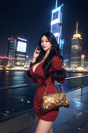 masterpiece, best quality, absurdres, 8K, super fine, best_lighting, (Buzzing cityscape at night with illuminated skyscrapers:1.4), (wonderland:1.2), (cowboy_shot:1.4), (stlyish pose:1.2), 28 years old, beautiful korean woman,
BREAK
elegant_prostitute, (seductive smile), (wavy long hair:1.2), huge breasts,
BREAK
(fur-trimmed red dress, Unique Handbag, many fluffy ornaments, opulent fur:1.5), (fluffy cuffs:1.5), asian girl, 1girl, eungirl