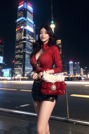 masterpiece, best quality, absurdres, 8K, super fine, best_lighting, (Buzzing cityscape at night with illuminated skyscrapers:1.4), (wonderland:1.2), (cowboy_shot:1.4), (walking toward the viewer:1.2), 28 years old, beautiful korean woman,
BREAK
elegant_prostitute, (seductive smile), (wavy long hair:1.2), huge breasts,
BREAK
(fur-trimmed outfit, red blouse, mini_skirt, Unique Handbag, many fluffy ornaments, opulent fur:1.5), (fluffy cuffs:1.5), asian girl, 1girl, eungirl