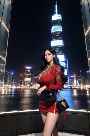 masterpiece, best quality, absurdres, 8K, super fine, best_lighting, (Buzzing cityscape at night with illuminated skyscrapers:1.4), (wonderland:1.2), (cowboy_shot:1.4), (stlyish pose:1.2), 28 years old, beautiful korean woman,
BREAK
elegant_prostitute, (seductive smile), (wavy long hair:1.2), huge breasts,
BREAK
(fur-trimmed outfit, red blouse, mini_skirt, Unique Handbag, many fluffy ornaments, opulent fur:1.5), (fluffy cuffs:1.5), asian girl, 1girl, eungirl