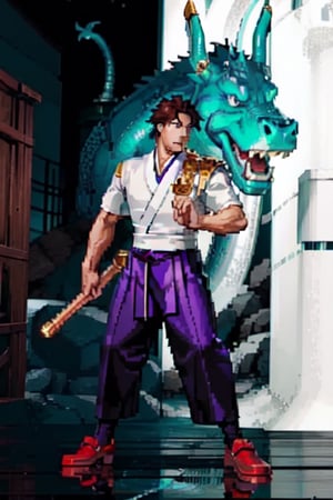 Joon-ho's attire combines elements of traditional Korean martial arts uniforms with dragon-themed patterns. He wears a black belt. Korean, Light skin, 