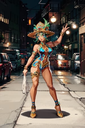 Lucia's outfit draws inspiration from traditional Brazilian Carnival costumes. She wears vibrant feathers and flowing fabrics. Brazilian, Olive skin, 