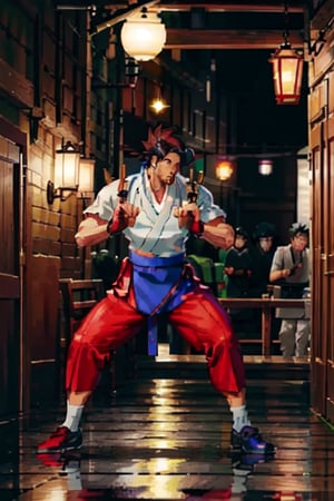 Joon-ho's attire combines elements of traditional Korean martial arts uniforms with dragon-themed patterns. He wears a black belt. Korean, Light skin, 