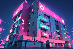 centered, 3d, 3d model, render, unreal engine, futuristic neon city, neon lights, city lights, (vaporwave color scheme:1.2), pink and blue lights, sunset, symetrical buildings, realistic scenery, hyperealistic shadows, | depht of field, hdr, | 3DMM