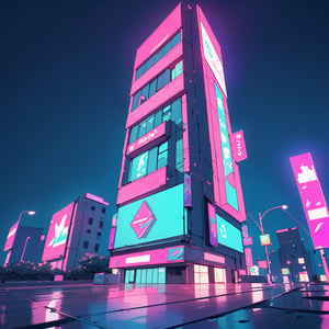 centered, 3d, 3d model, render, unreal engine, futuristic neon city, neon lights, city lights, (vaporwave color scheme:1.2), pink and blue lights, sunset, symetrical buildings, realistic scenery, hyperealistic shadows, | depht of field, hdr, | 3DMM