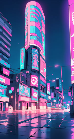 centered, 3d, 3d model, render, unreal engine, futuristic neon city, neon lights, city lights, (vaporwave color scheme:1.2), pink and blue lights, sunset, symetrical buildings, realistic scenery, hyperealistic shadows, | depht of field, hdr, | 3DMM