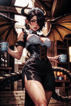 1girl, (one eye covered), ahoge, pose, crown braid, short hair, tavern, medieval tavern, beer, mugs, wooden floor, (from below:1.3), (depth of field, blurry foreground, blurry background:1.3), dark lighting, volumetric lighting, sun beam, glowing particles, light particles, dimmed lighting, (maid clothing), fur trim, black accent, golden accessories, hoop earrings, (intricate details), sweat, wet, wet hair, disheveled hair, corset, horns, (dragon tail), (dragon wings), (matching wings:1.3)