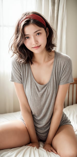 1 girl,high resolution,short wavy hair,hairband,tomboy style,grey t shirt,natural soft light,delicate facial features,beautiful Russian girl,20 years old,glamorous body,gorgeous hair,half red,half Brown,film grain,real hands,eye smile,Indonesian,mole_under_eye,on bed,full body potrait,spread leg,straddling leg