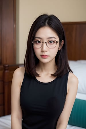 8k,best quality,masterpiece,ultra high res,portrait,beautiful,kawaii,dark hair,bob,from front,sweat,on the bed,jmf,jml,glasses