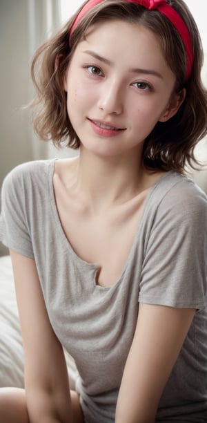 1 girl,high resolution,short wavy hair,hairband,tomboy style,grey t shirt,natural soft light,delicate facial features,beautiful Russian girl,20 years old,glamorous body,gorgeous hair,half red,half Brown,film grain,real hands,eye smile,Indonesian,mole_under_eye,on bed