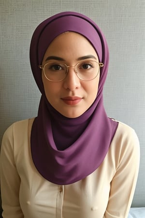 mature lady,full body,on bed,(hijab:1.4),shirt,clear face,detailed,glasses,medium breast,(straddling:1.2),(vagina exposed:1.4)