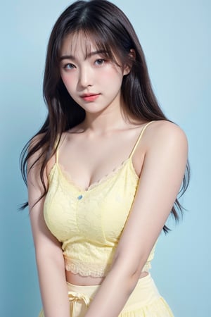 19 years old female,pure face,slight smile,studio light,yellow lace camisole,revealing,upper body,blue pastel background,1 girl,yuzu