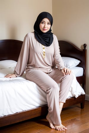 mature woman,full body potrait,on bed,messy hair,spread leg wide,muslim,(hijab:1.3),mature face,(47 year old:1.4),pale skin