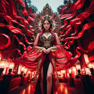 Realistic 8K resolution photography of multiple exposure photography featuring red and white silks with extreme motion blur and twisted speed lines,  A girl wearing fashionable outfit in front of intricately detailed black and gold Ksitigarbha Bodhisattva statue, in Tokyo. 
break, 
1 girl, Exquisitely perfect symmetric very gorgeous face, perfect breasts, Exquisite delicate crystal clear skin, Detailed beautiful delicate eyes, perfect slim body shape, slender and beautiful fingers, nice hands, perfect hands, perfect pussy, illuminated by film grain, Film photo style, realistic skin, fish-eye lens, lens flare,More Detail, exaggerated perspective of fisheye lens depth,