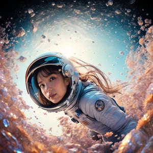 Realistic high resolution low angle view photography of 1girl wearing space suit, helmet, floating in the air, full_body, transparent background,
break, 
1 girl, Exquisitely perfect symmetric very gorgeous face, Exquisite delicate crystal clear skin, Detailed beautiful delicate eyes, perfect slim body shape, slender and beautiful fingers, legs, perfect hands, legs, illuminated by film grain, realistic style, realistic skin texture, dramatic lighting, soft lighting, exaggerated perspective of ((Wide-angle lens depth)),Fantasy,Galaxy,