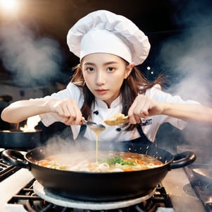 ((Realistic 8K resolution, RAW, extreme detail description)) low angle view photography of 1girl chef cooking soup on a wok at food stand. holding the wok by the handles with mushroom, vegetables, and cooking oil into the air. This is captured with high speed photography so the ingredients are frozen in time. The image is zoomed in on the chef, who is facing the camera.
break, 
1girl, floating hair, Exquisitely perfect symmetric very gorgeous face, Exquisite delicate crystal clear skin, Detailed beautiful delicate eyes, perfect slim body shape, slender and beautiful fingers, legs, perfect hands, legs, illuminated by film grain, realistic style, realistic skin texture, dramatic lighting, soft lighting, exaggerated perspective of ((Wide-angle lens depth)),