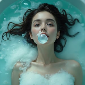 Realistic 16K Turquoise tone close-up photography of 1girl lying in a bubble bath, seen from directly overhead. Her face is breaking the surface of the water, surrounded by soap suds. She has sapphire blue eyes and is blowing a soap bubble. Her hair floats on the water in a radiant pattern. The scene is surreal, featuring vibrant colors and a dreamy atmosphere.
break,
1 girl, Exquisitely perfect symmetric very gorgeous face,  perfect breasts,  Exquisite delicate crystal clear skin,  Detailed beautiful delicate eyes, perfect slim body shape, nice hands, perfect hands, fashionable outfit, illuminated by film grain, realistic skin, dramatic lighting, soft lighting,((wide angle lens depth)), Extremely details, Hyperdetailed, photorealistic,