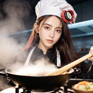 ((Realistic 8K resolution, RAW, extreme detail description)) low angle view photography of 1girl chef cooking soup on a wok at food stand. holding the wok by the handles with mushroom, vegetables, and cooking oil into the air. This is captured with high speed photography so the ingredients are frozen in time. The image is zoomed in on the chef, who is facing the camera.
break, 
1girl, floating hair, Exquisitely perfect symmetric very gorgeous face, Exquisite delicate crystal clear skin, Detailed beautiful delicate eyes, perfect slim body shape, slender and beautiful fingers, legs, perfect hands, legs, illuminated by film grain, realistic style, realistic skin texture, dramatic lighting, soft lighting, exaggerated perspective of ((Wide-angle lens depth)),