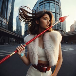 Realistic 16K resolution photography of a girl with hair flowing in the wind, wearing a white fleece vest and holding red javelin, strolling through the city center,
break, 
1 girl, Exquisitely perfect symmetric very gorgeous face, Exquisite delicate crystal clear skin, Detailed beautiful delicate eyes, perfect slim body shape, slender and beautiful fingers, nice hands, perfect hands, illuminated by film grain, realistic skin, dramatic lighting, soft lighting, exaggerated perspective of ((fisheye lens depth)),