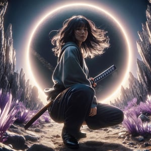 Realistic 16K resolution photography of a girl with Hair flowing in the wind, straight black hair and a black and gray loose suit. she squatting on the ground with a katana in her hand. huge circular halo behind, on an unknown alien planet, surrounded by mineral rocks covered with purple crystals, 
break, 
1 girl, Exquisitely perfect symmetric very gorgeous face, Exquisite delicate crystal clear skin, Detailed beautiful delicate eyes, perfect slim body shape, slender and beautiful fingers, nice hands, perfect hands, illuminated by film grain, realistic skin, dramatic lighting, soft lighting, exaggerated perspective of ((fisheye lens depth)),Masterpiece