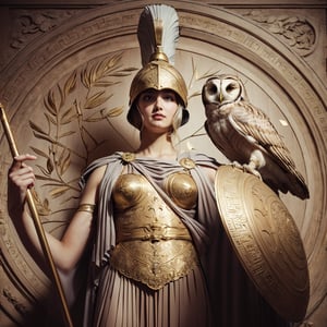 Realistic 16K photography of Greek goddess Athena, holding a spear and an owl; wears warrior's helmet with crest, finely crafted chest armor, pleated tunic with ornate patterns, in front a wall with delicate gold inlays, relief art appearance.
break,
1 girl, Exquisitely perfect symmetric very gorgeous face,  perfect breasts,  Exquisite delicate crystal clear skin,  Detailed beautiful delicate eyes, perfect slim body shape, nice hands, perfect hands, fashionable outfit, illuminated by film grain, realistic skin, dramatic lighting, soft lighting,((wide angle lens depth)), Extremely details,