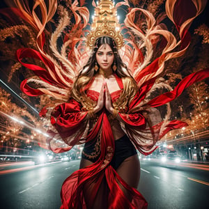 Realistic 8K resolution photography of multiple exposure photography featuring red and white silks with extreme motion blur and twisted speed lines,  A girl wearing fashionable outfit in front of intricately detailed black and gold Ksitigarbha Bodhisattva statue, in Tokyo. 
break, 
1 girl, Exquisitely perfect symmetric very gorgeous face, perfect breasts, Exquisite delicate crystal clear skin, Detailed beautiful delicate eyes, perfect slim body shape, slender and beautiful fingers, nice hands, perfect hands, perfect pussy, illuminated by film grain, Film photo style, realistic skin, fish-eye lens, lens flare,More Detail, exaggerated perspective of fisheye lens depth,