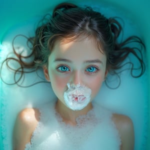 Realistic 16K Turquoise tone close-up photography of 1girl lying in a bubble bath, seen from directly overhead. Her face is breaking the surface of the water, surrounded by soap suds. She has sapphire blue eyes and is blowing a soap bubble. Her hair floats on the water in a radiant pattern. The scene is surreal, featuring vibrant colors and a dreamy atmosphere.
break,
1 girl, Exquisitely perfect symmetric very gorgeous face,  perfect breasts,  Exquisite delicate crystal clear skin,  Detailed beautiful delicate eyes, perfect slim body shape, nice hands, perfect hands, fashionable outfit, illuminated by film grain, realistic skin, dramatic lighting, soft lighting,((wide angle lens depth)), Extremely details, Hyperdetailed, photorealistic,