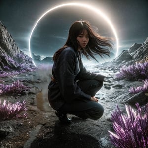 Realistic 16K resolution photography of a girl with Hair flowing in the wind, straight black hair and a black and gray loose suit. she squatting on the ground with a katana in her hand. huge circular halo behind, on an unknown alien planet, surrounded by mineral rocks covered with purple crystals, 
break, 
1 girl, Exquisitely perfect symmetric very gorgeous face, Exquisite delicate crystal clear skin, Detailed beautiful delicate eyes, perfect slim body shape, slender and beautiful fingers, nice hands, perfect hands, illuminated by film grain, realistic skin, dramatic lighting, soft lighting, exaggerated perspective of ((fisheye lens depth)),Masterpiece