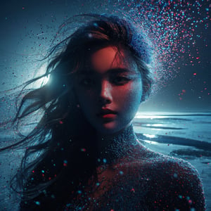Realistic 16K resolution blue-red tone photography of 1 girl with beauty face created by colorful dotted particles with a mesmerizing digital or pixelated effect, sitting in dark on frozen lake, with shattered ice debris vortexing and floating into shade around her,
break,
1 girl, Exquisitely perfect symmetric very gorgeous face, Exquisite delicate crystal clear skin, Detailed beautiful delicate eyes, perfect slim body shape, slender and beautiful fingers, nice hands, perfect hands, illuminated by film grain, Stippling style, dramatic lighting, soft lighting, motion blur, exaggerated perspective of ((Wide-angle lens depth)),
