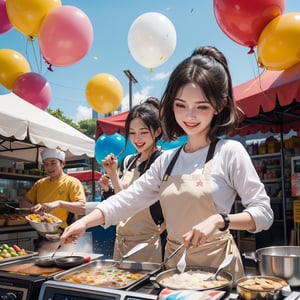 "Generate a heartwarming and cheerful scene of a cute character joyfully cooking at night market vendor. The character is surrounded by a colorful explosion of confetti and a sky filled with floating balloons. Capture the pure joy and exuberance of this moment in a heartwarming and adorable illustration."