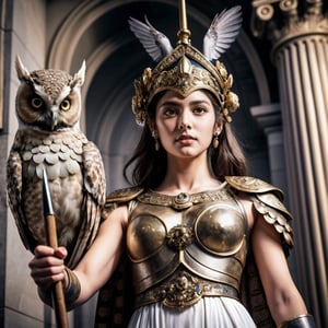 Realistic 16K photography of Greek goddess Athena, holding a spear and an owl; wears warrior's helmet with crest, finely crafted chest armor, pleated tunic with ornate patterns, in front a wall with delicate gold inlays, relief art appearance.
break,
1 girl, Exquisitely perfect symmetric very gorgeous face,  perfect breasts,  Exquisite delicate crystal clear skin,  Detailed beautiful delicate eyes, perfect slim body shape, nice hands, perfect hands, fashionable outfit, illuminated by film grain, realistic skin, dramatic lighting, soft lighting,((wide angle lens depth)), Extremely details,