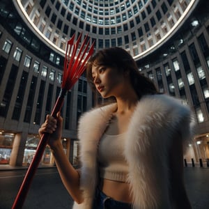 Realistic 16K resolution photography of a girl with hair flowing in the wind, wearing a white fleece vest and holding red javelin, strolling through the city center,
break, 
1 girl, Exquisitely perfect symmetric very gorgeous face, Exquisite delicate crystal clear skin, Detailed beautiful delicate eyes, perfect slim body shape, slender and beautiful fingers, nice hands, perfect hands, illuminated by film grain, realistic skin, dramatic lighting, soft lighting, exaggerated perspective of ((fisheye lens depth)),