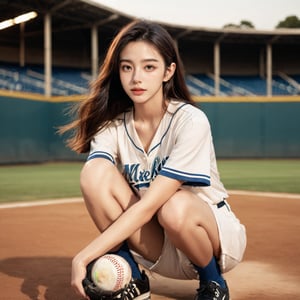 Realistic 16K resolution photography of 1girl squatting on baseball field, 
break, 
1girl, floating hair, Exquisitely perfect symmetric very gorgeous face, Exquisite delicate crystal clear skin, Detailed beautiful delicate eyes, perfect slim body shape, slender and beautiful fingers, legs, perfect hands, legs, illuminated by film grain, realistic style, realistic skin texture, dramatic lighting, soft lighting, exaggerated perspective of ((Wide-angle lens depth)),