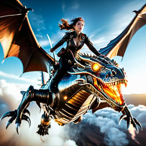 Realistic 16K resolution photography of  highly detailed, cinematic image of a magnificent, fiery metal steampunk wyvern in mid-air flight, with an astronaut soldier clad in a black, intricately designed steampunk suit riding atop the beast. The wyvern's massive, serpentine head takes center stage, with a fierce, snarling expression. The background features a soft, blurred landscape of clouds, with a warm, golden light casting a sense of high-speed motion. Incorporate realistic textures, intricate details, and a sense of dynamic energy. Lighting should be dramatic, with a warm, golden hour tone. The overall atmosphere should evoke a sense of thrilling adventure and sci-fi fantasy,
break,
1 girl, Exquisitely perfect symmetric very gorgeous face, Exquisite delicate crystal clear skin, Detailed beautiful delicate eyes, perfect slim body shape, slender and beautiful fingers, nice hands, perfect hands, illuminated by film grain, realistic skin, dramatic lighting, soft lighting, exaggerated perspective of ((Wide-angle lens depth)),