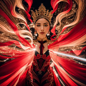 Realistic 8K resolution photography of multiple exposure photography featuring red and white silks with extreme motion blur and twisted speed lines,  A girl wearing fashionable outfit in front of intricately detailed black and gold Ksitigarbha Bodhisattva statue, in deep mountain. 
break, 
1 girl, Exquisitely perfect symmetric very gorgeous face, perfect breasts, Exquisite delicate crystal clear skin, Detailed beautiful delicate eyes, perfect slim body shape, slender and beautiful fingers, nice hands, perfect hands, perfect pussy, illuminated by film grain, Film photo style, realistic skin, fish-eye lens, lens flare,More Detail, exaggerated perspective of fisheye lens depth,