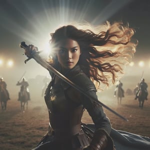 Realistic 32K resolution photo of 1800 at battle field, a female warrior with exquisitely face, waving sword, displaying exaggerated posture and movement.illuminated by film grain, Film photo style, realistic skin, Rough skin, lens flare,
break,
1 girl, medium length hair, braid hair, silver hair,  Exquisitely perfect symmetric very gorgeous face,  perfect breasts,  Exquisite delicate crystal clear skin,  Detailed beautiful delicate eyes, perfect slim body shape, slender and beautiful fingers:0.9,nice hands, perfect hands,