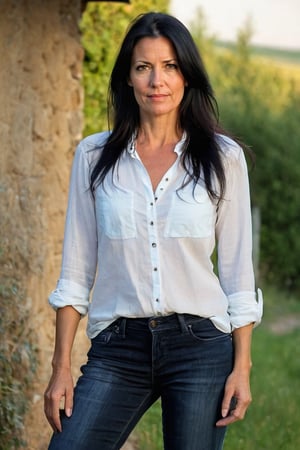 full-body_portrait,Very attractive german woman from a small village, in a state of anger, 45 years old, long black hair with highlights,flat_chested,slim hips, dressed in cotton blouse and tight jeans, photography for social network, . Soft lighting, soft shadows and a serene atmosphere add to the anticipation of a miraculous moment.