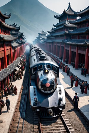 #McBane: A sci-fi train passing through an ancient Chinese city,people standing on railroad tracks, Highly realistic concept art, Steam engine, Highly detailed 4K 