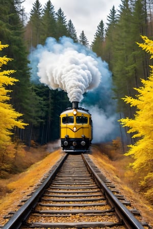 #McBane: a train that is going down the tracks in a forest, on a train track of the yellowed forest, train, steam train, trains in the background, steam trains, railways, yellowed leaves falling from the trees, white steam on the side, ultra realistic 4k, cinematic image