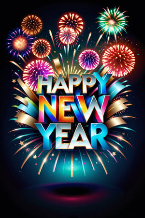 enchanting New Year text with meticulous detail, (((Write 'Happy New Year'))) in a beautiful, high-detailed font, Surround the text with a burst of beautiful, colorful fireworks