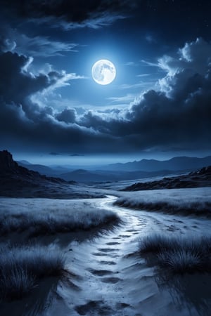 #McBane: A very strange and beautiful painting of a landscape, the sky is an eerie blue, white moonlight, light coming through the clouds in a desolate landscape, 4k, photorealistic, Cinematic lighting, atmosphere, highly detailed, matte drawing with dramatic shadows under the black night sky, high quality, digital concept artwork, 8k 