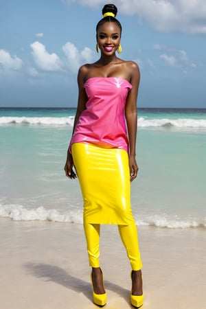 #McBane: solo, yellow outfit, hires, (high heel black patent shoes), woman, 19 year old, Ugandan woman, (black skin), yellow spotlight, dark theme, burly woman of Cold, wearing Pure Water DayGlo pink Tunic, inside The Atlantic Ocean, masterpiece, highly detailed, perfect hands, perfect fingers, perfect face, perfect smile