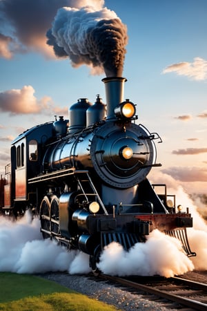 #McBane: Steam locomotive on a background of clouds at sunset, 3d rendering, photorealistic, ultra sharp, dreamy light, comfort light, highlight bloam light, dreamy colors, realistic, detailed, front view