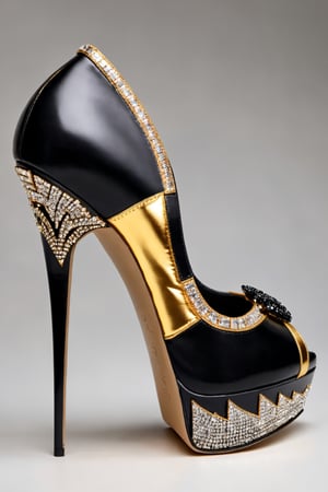 #McBane: new model design sketch, amazing high-heeled shoes with a multifaceted sheen of black and gold colors, decorated with precious diamonds, acute-focus studio shot, amazing elaboration and details of creating this highly detailed shoe